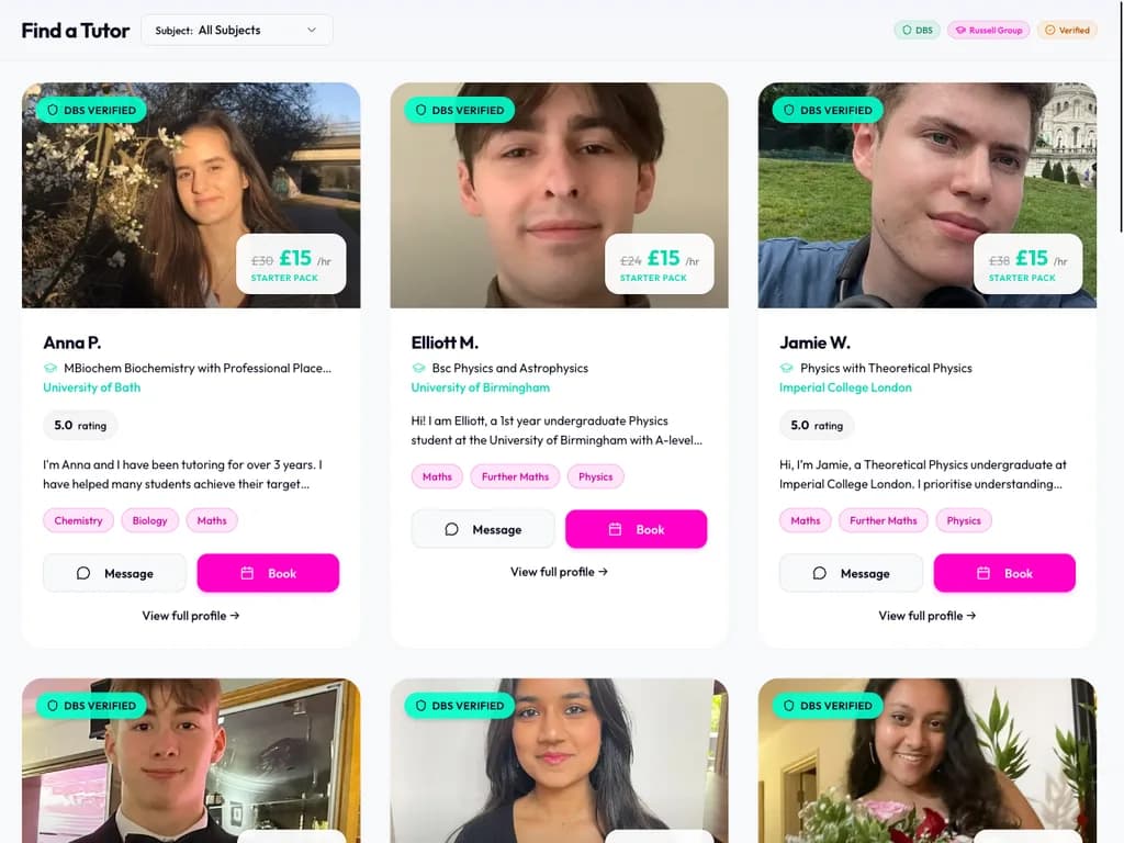 StudyGuru Find a Tutor page showing real Enhanced DBS-checked tutors with Starter Pack pricing
