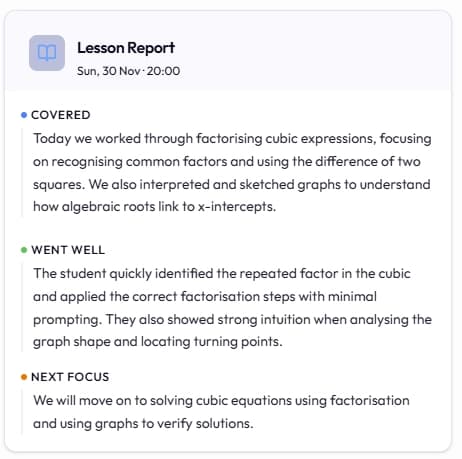 Example AI-generated lesson summary showing topics covered, confidence levels, and next steps